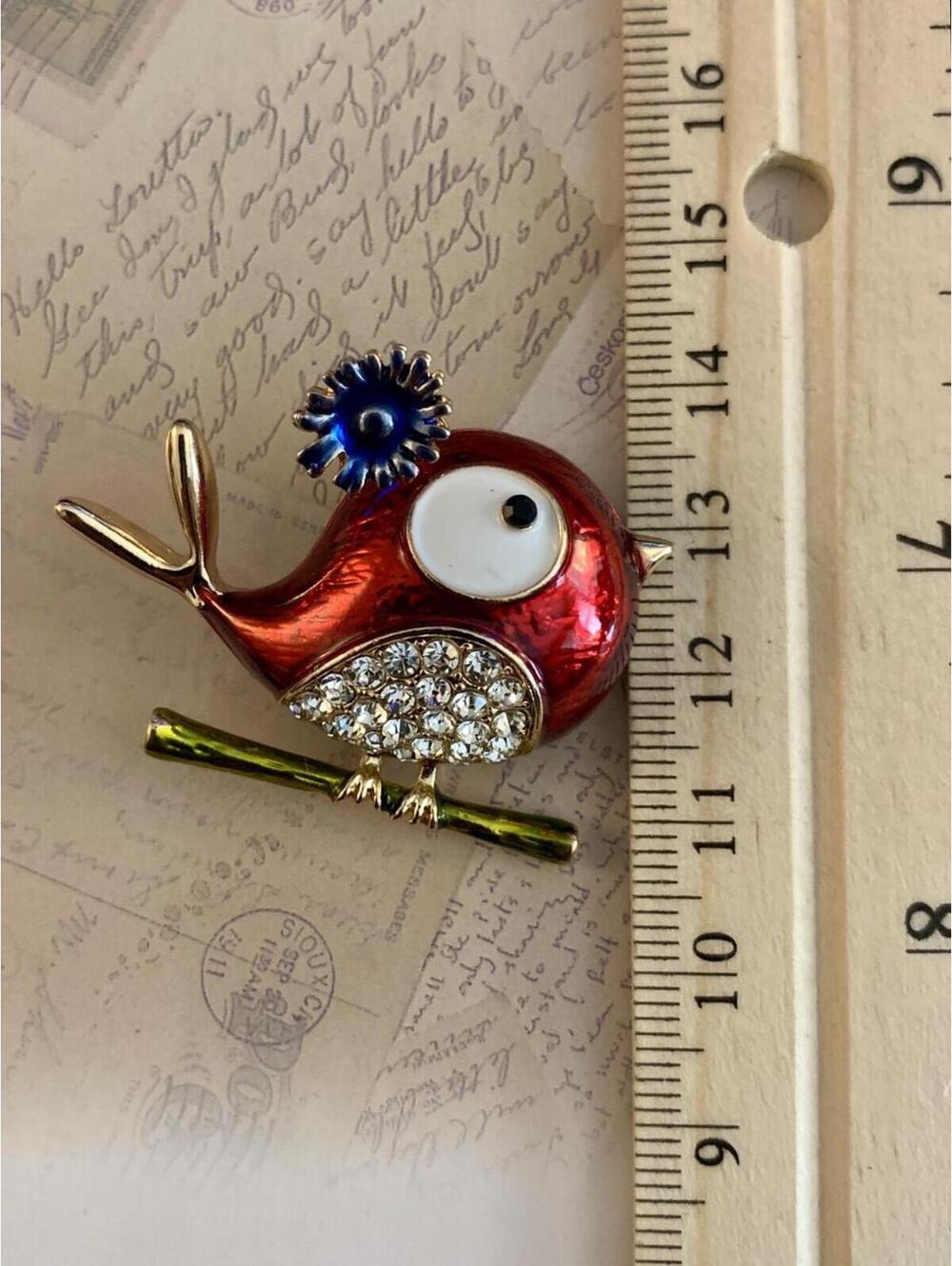 Red Enamel Cartoon Bird Brooch Rhinestones Pave Yellow Metal Whimsical Accessory - Picture 3 of 4